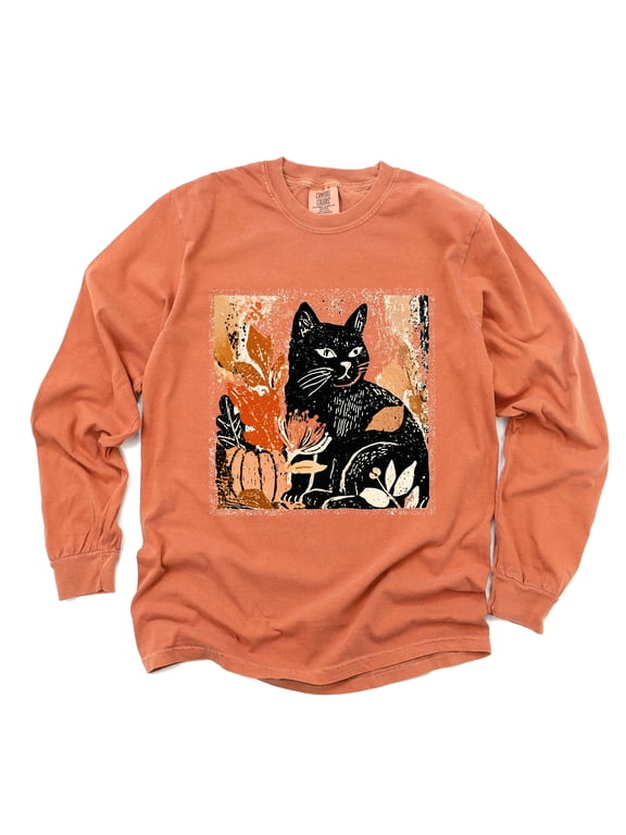 Black Cat Fall Leaves Distressed - Women's Garment Dyed Long Sleeve Graphic T-Shirt