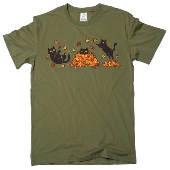 Black Cat Fall Shirt, Cute Autumn Cats Leaves Tee, Funny Cat Lover Halloween (X-Large Military Green)