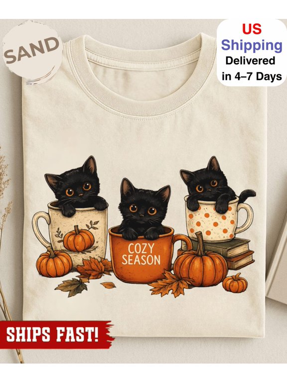 Black Cat Fall Vibes Pumpkin Spooky Season T-Shirt
