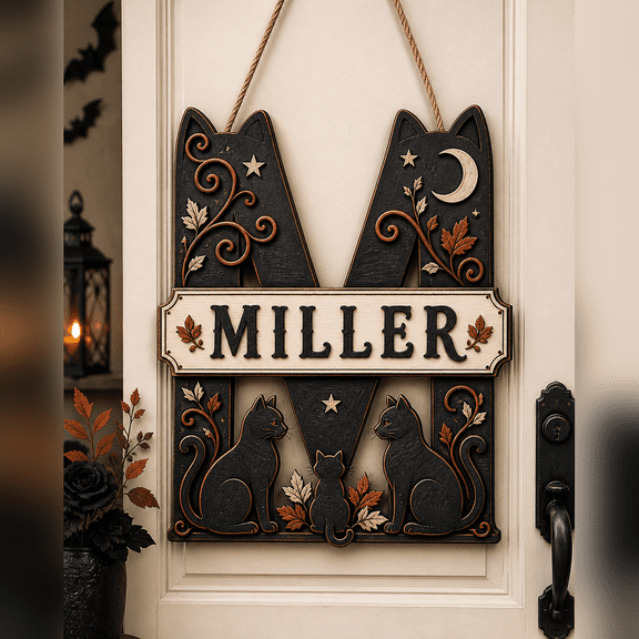 Black Cat Family Initial Wooden Sign Door Hanger for Cat Lover Gift