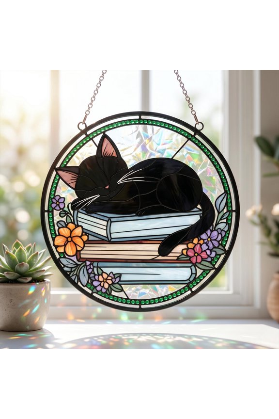 Black Cat Faux Stained Glass Acrylic Suncatcher, Window Hanging Decor, Book Lover Gift