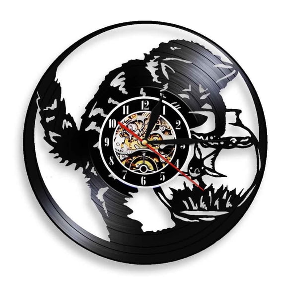 Black Cat Fishing Catcher Wall Clock Kitty Cat Fishing in Fishbowl Vinyl Record Wall Clock Aquarium Kitten Meow Decorative Clock Without LED