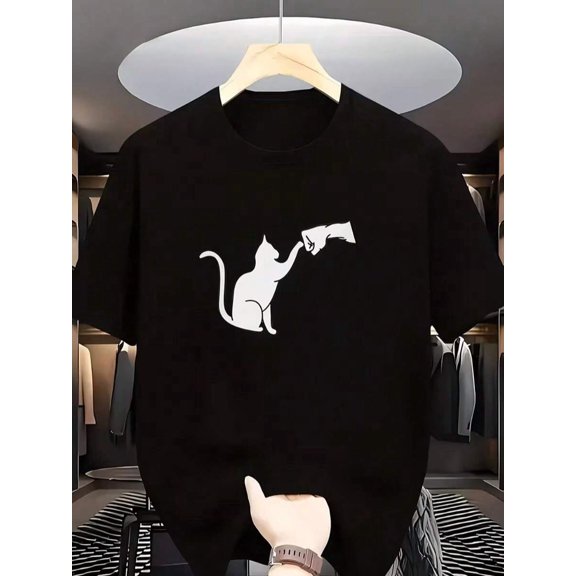 Black Cat Fist Bump Graphic T-Shirt - Loose Fit Round Neck Short Sleeve Tee For Daily Wear