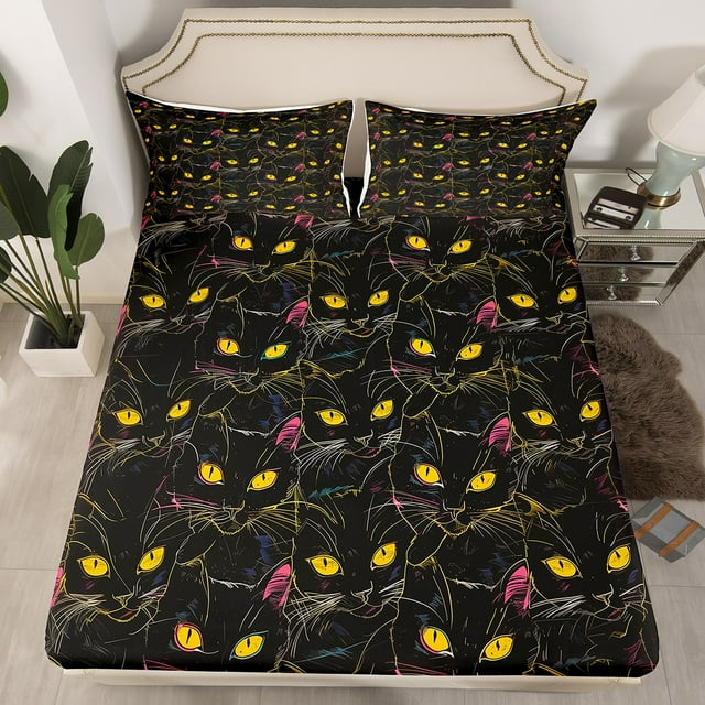 Black Cat Fitted Sheet for Boys Girls 3D Pet Animal Cat Bed Sheets