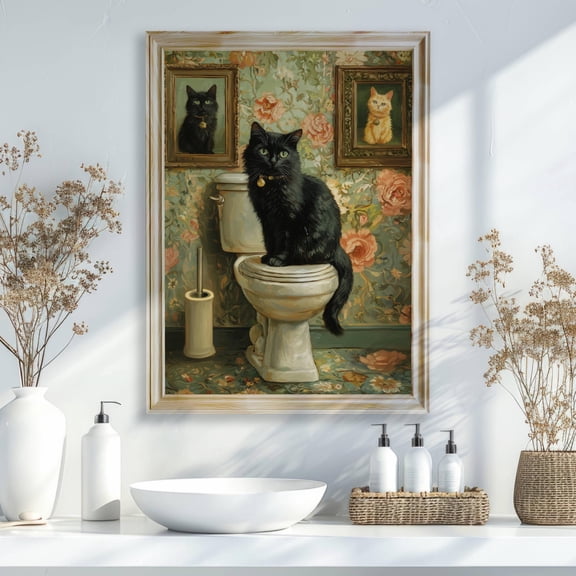 Black Cat In Floral Bathroom Poster, Feline Bathroom Art, Black Cat Tet Print, Kitty Bathroom Decor, Cat Lover , Warm Present Vintage UNFRAMED Poster Size 24x36