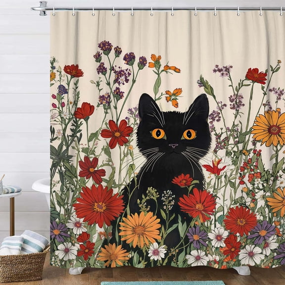 Black Cat Floral Bathroom Shower Curtain, Cute Funny Cat Flower Colorful Wildflower Waterproof Fabric Beige Bath Shower Curtain