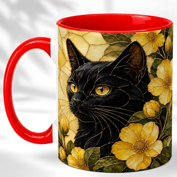 Black Cat Floral Coffee Mug, Stained Glass Style Mug, Ceramic 11 oz