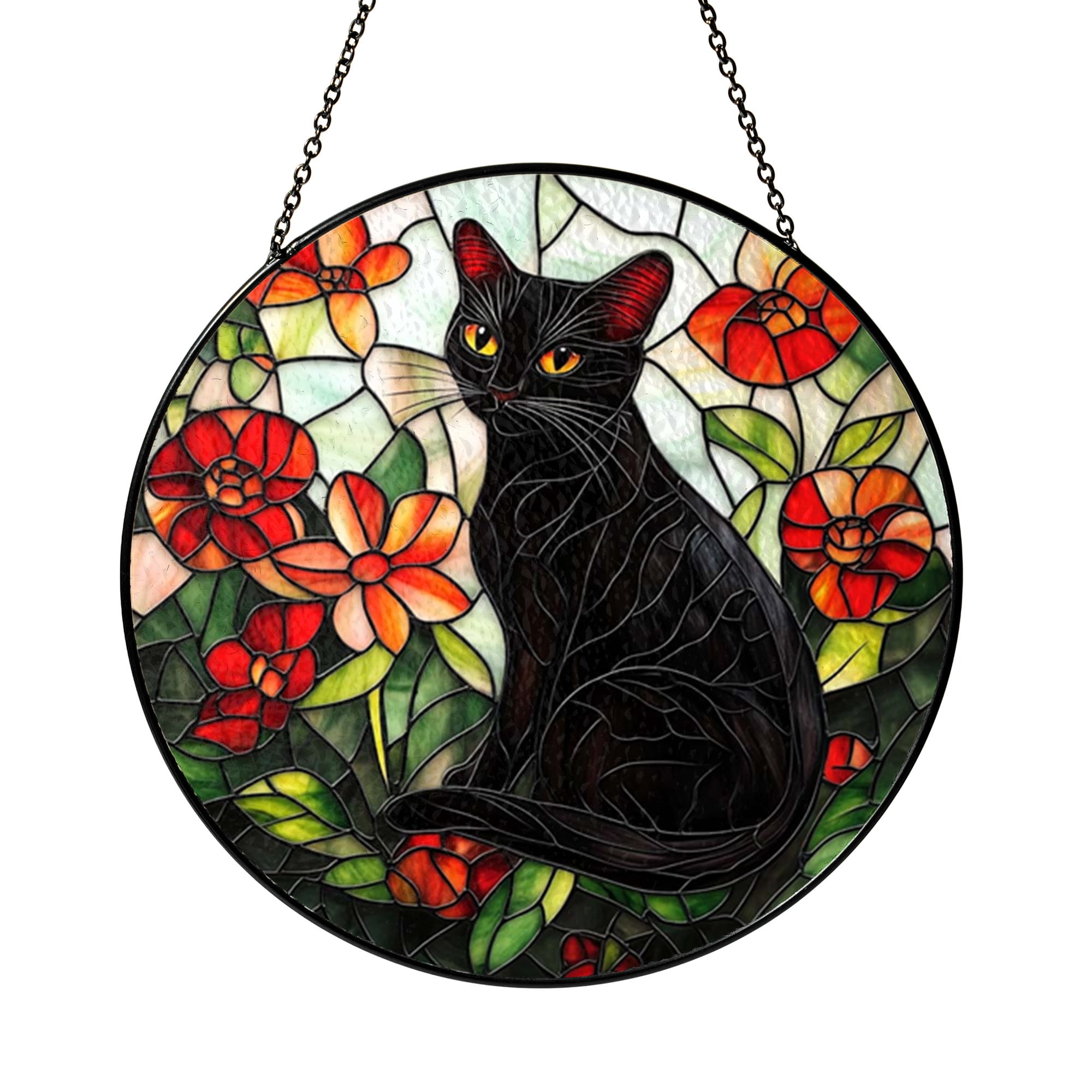 Black Cat Floral Garden Stained Glass Window Hanging Decorative Glass ...