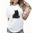 thumbnail image 1 of Black Cat Floral Graphic Regular Fit Tee T-Shirt Print Top Short Sleeve Round Neck White S-5XL, 1 of 4