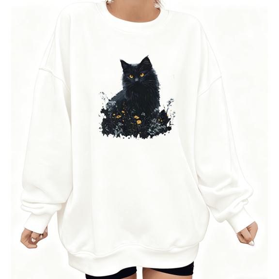 Black Cat Floral Graphic Trendy Regular Fit Tee T-Shirt Print Top Round-neck long-sleeved White S-3XL