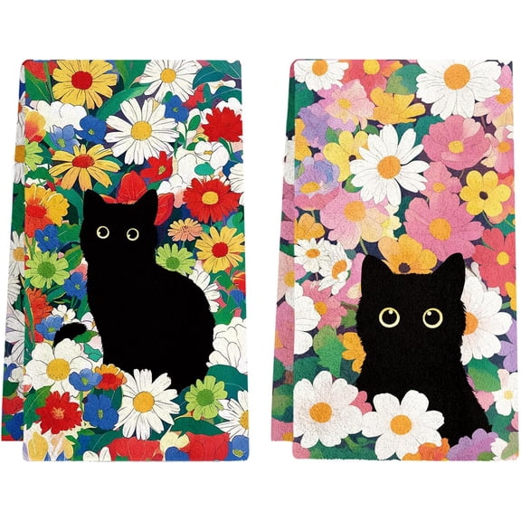 Black Cat Floral Kitchen Towels - Cat Flower Spring Kitchen Towels, Black Cats Flower Dish Towel for Drying, Set of 2 Dish Towel for Home Decor, Cute Decorative Gifts for Cats Lovers Cooking Lovers