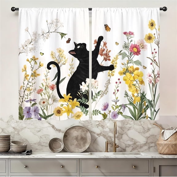 Black Cat Floral Kitten Spring Kitchen Curtains Wildflower Colorful Flower Cute Cat Botanic Small Short Cafe Window Drapes Treatment Retro Plant Bathroom Home Decor(27.5W X 39L Inch 2 Panel)