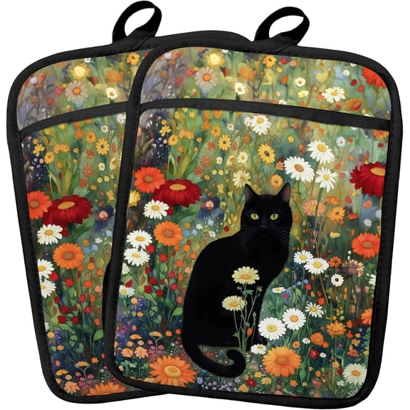 Black Cat Floral Pot Holders 2 Pack Set, Cat Lover Mom Lady Gifts, Retro Cottagecore Wildflower Botanical Kitten Heat Resistant Oven Hot Pads for Kitchen Countertop BakingColor-A