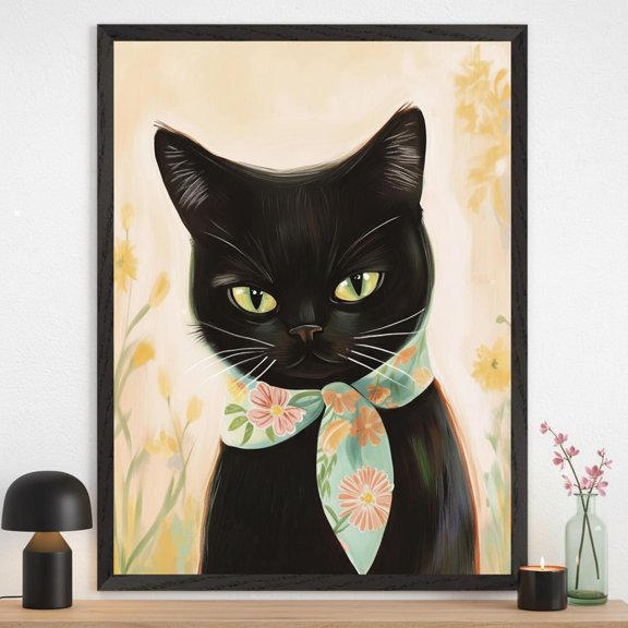 Black Cat Floral Scarf Wall Art Cottagecore Feline Decor Whimsical Animal Illustration Bot