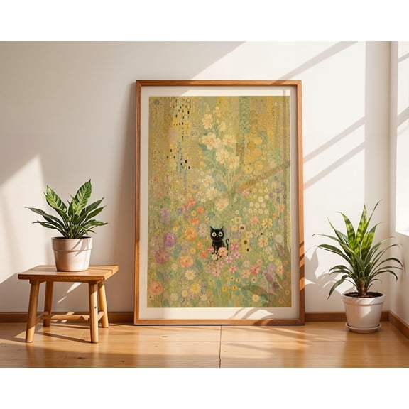 Black Cat Floral Wall Art Klimt Inspired Botanical Whimsical Cat In Flower Gardenmodern Mosaic Ornamental Teal And Gold, Unframed Paper Print