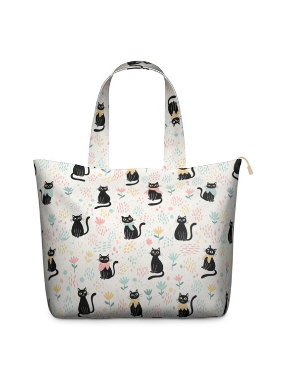Black Cat and Flower Beige Pattern Weekend Tote Bag, Outdoor Travel Carryall with Inner Zip Pocket, Full Length Zipper Gift Ideas for Outdoor Weekend Trips,22 X 12 X 18 Inches