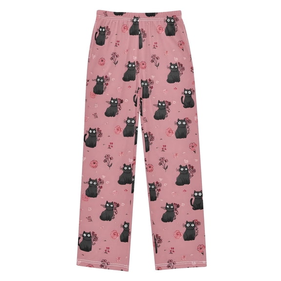 Black Cat Flower Christmas Pajama Pants Soft and Lightweight Elastic Waistband Christmas Pajama Pants