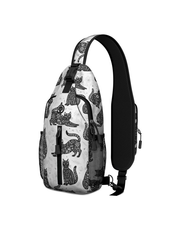 Black Cat and Flower White Pattern Sling Backpack, Casual Day Sling Pack with Earphone Port, Multi Pocket Design Gift Ideas for Hiking Cycling Walking