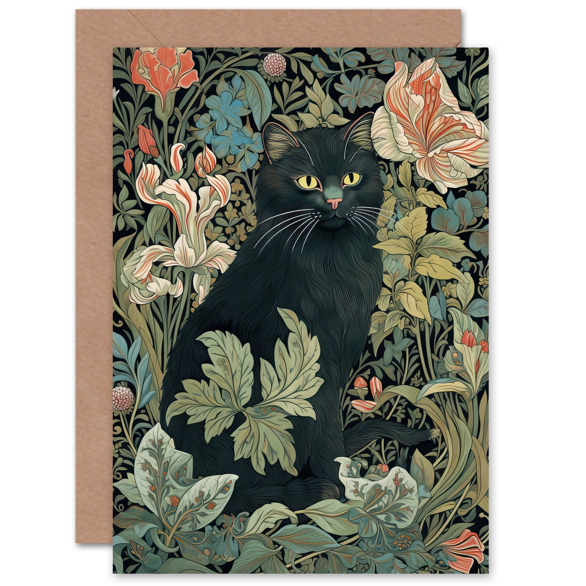 Black Cat Hiding In Flower Field William Morris Style Framed Wall