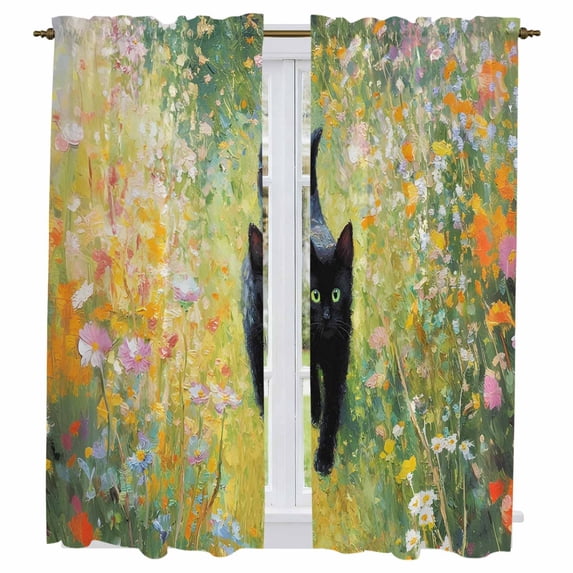 Black Cat Flowers Kitchen Curtains 63 Inch Length, Modern Oil Painting Farmhouse Tiers Curtains for Living Room Berdoom Bathroom, Light Filtering Drapes Rod Pocket Window Treatment 2 Panels 42"Wx63"L