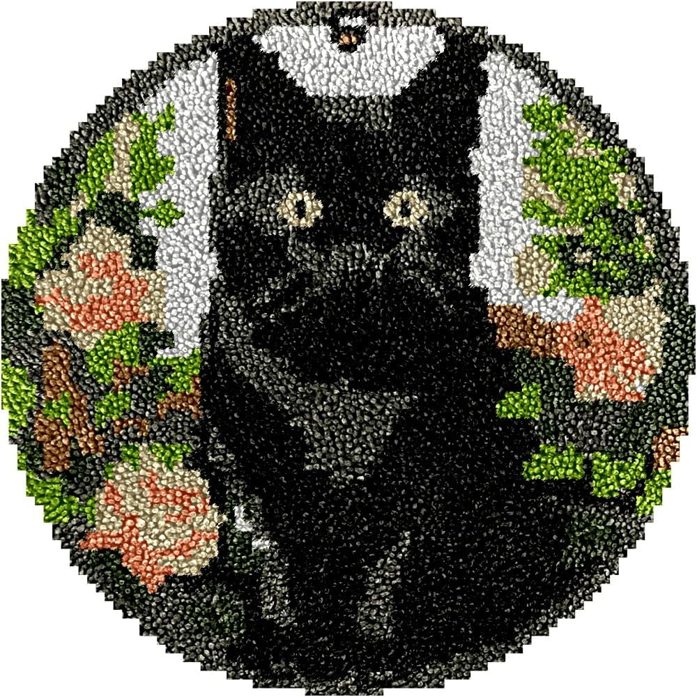 Black Cat & Flowers Latch Hook Round Rug Kits Set for Starter Crochet Handmade Hooking Cushion Mat Sofa Seat Cushion Crocheting Kits with Preprinted Canvas Crochet Yarn Kits 50X50CM (r109)