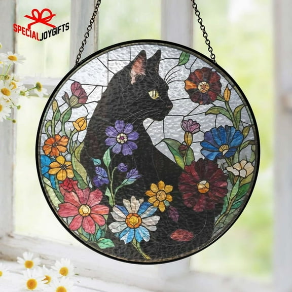 Black Cat Flowers Stained Glass Suncatcher with Stand, Black Cat Suncatcher, Cat Lover Gift, Cat Window Hanging, Cat Memorial Gift, Cat Mom