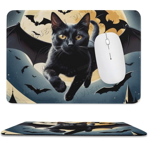 Black Cat Flying Print Mouse Pad, Computer Mouse Mat with Anti-Slip Rubber Base, Easy Gliding, with Stitched Edge,Funny Mouse Pad with Design 8"x10"