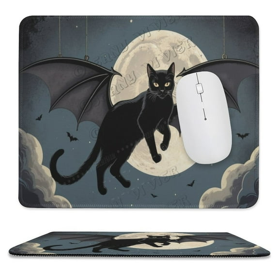 Black Cat Flying Print Mouse Pad with Non-Slip Rubber Base, Stitched Edge, Premium-Textured, Gaming Mouse Pad for Wireless Mouse, Computers, Laptop, Office 10"x12"