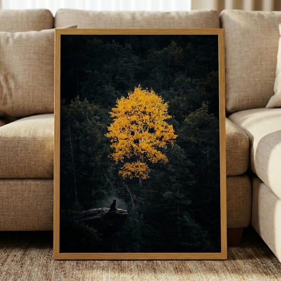 Black Cat Forest Moody Autumn Tree Dark Landscape Yellow Aspen Nature Feline Photography Cat Lover Poster Unframed Paper Print