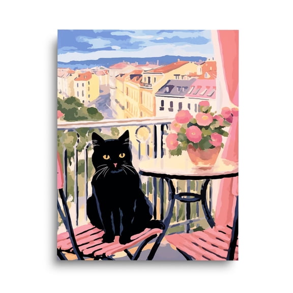 Black Cat In France Print, French Balcony Wall Art, European Cityscape Poster, Romantic Cat Decor, Paris Balcony Artwork Home Decor #3399, Unframed Poster Size 8x12