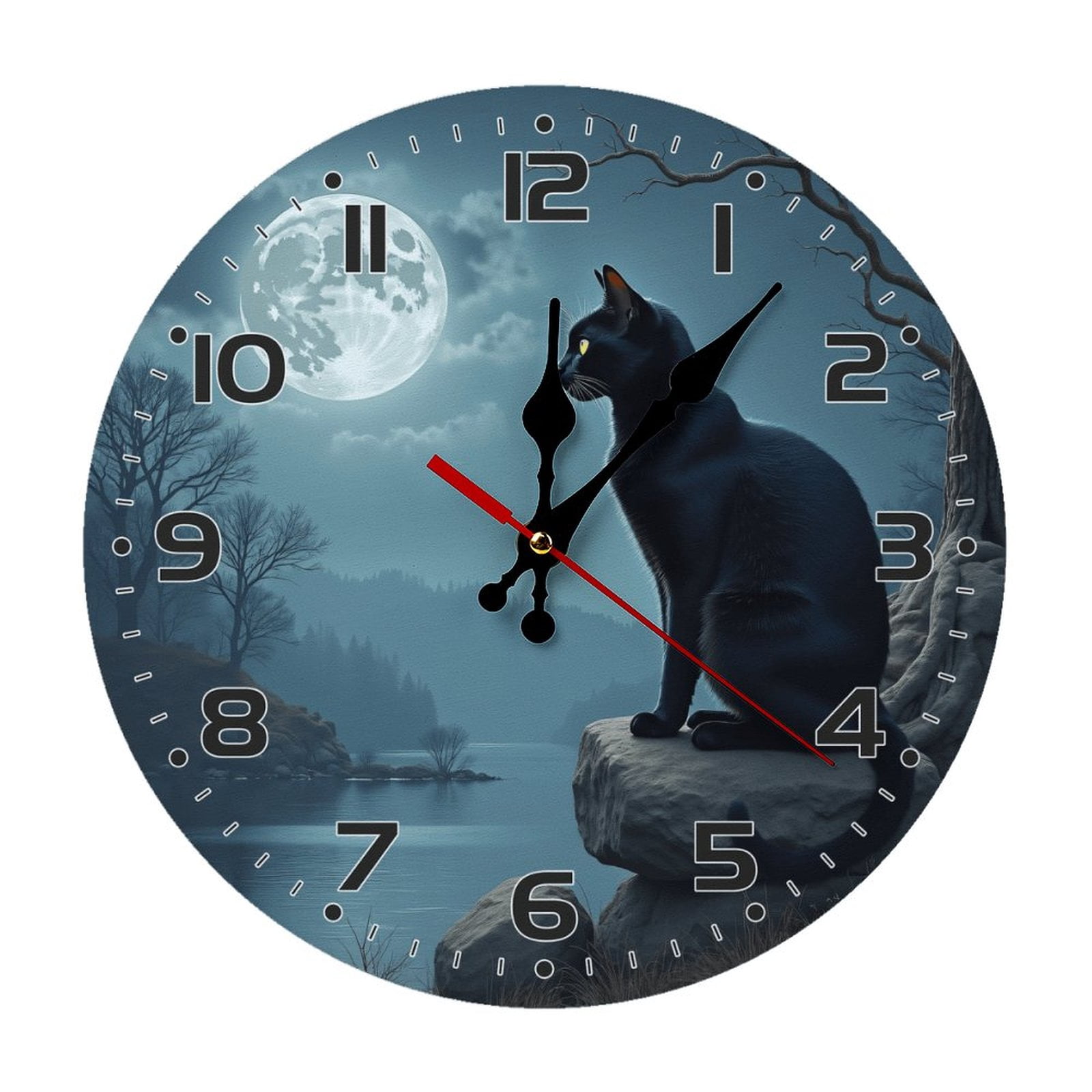 Black Cat Full Moon Wall Clock 10 Inch Silent Non Ticking Round Wooden ...