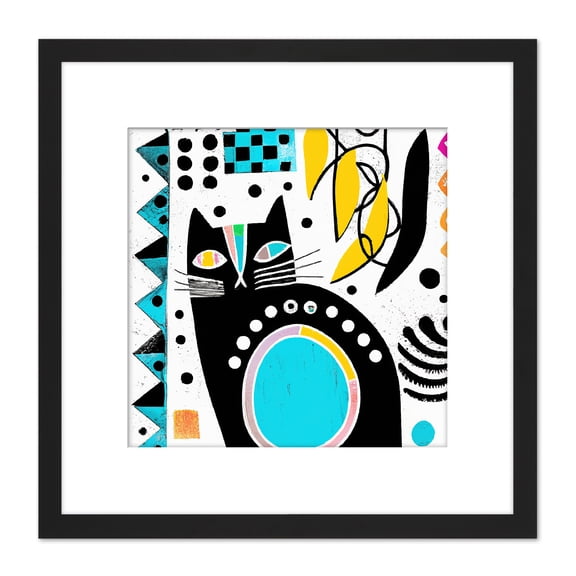 Black Cat Funky Vibrant Boho Patterns Retro Abstract Illustration Square Wooden Framed Wall Art Print Picture 8X8 Inch