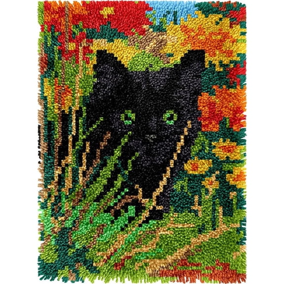 Black Cat in Garden Easy DIY Latch Hook Rug Kits DIY Tapestry Crochet Hooking Mat Making Kits With Printed Pattern Canvas Needlework Kits 52x38cm n-33)