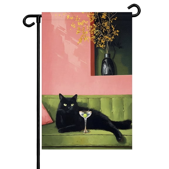 Black Cat Garden Flag 12x18 Inch Boho Chic Lack Animal Cocktail Party Green Sofa Double Sided Small Decorative Garden Flags for Outside, Outdoor Yard Porch Lawn Decoration