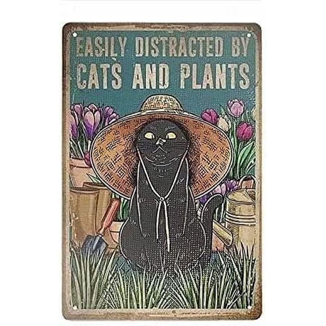 Black Cat Garden Metal Tin Sign,Easily Distracted by Cats and Plants