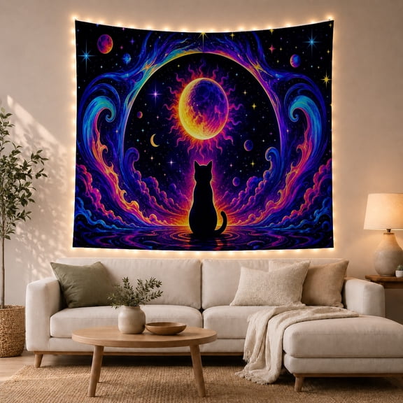 Black Cat Gazing at Radiant Sun Against Deep Cosmic Nebulae, Dreamy Celestial for Cat Lovers, Mystical Space Wall Art, Birthday Gift Tapestry Wall Hanging for Bedroom and Dorm