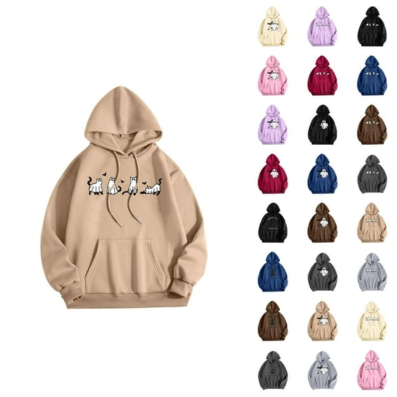 Black Cat Ghost Halloween Hoodies for Women 2025 Cute Cat Ghost Graphic Hoodie Sweatshirt Pullover Tops