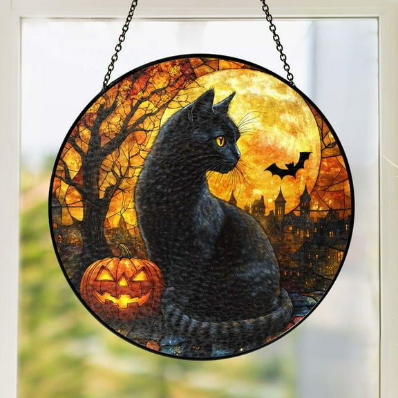 Black Cat Glass Suncatcher Gift, Black Cat Halloween Stained Glass Suncatcher, Black Cat Lover Gifts, Black Cat Pumpkin Window Hanging Decor