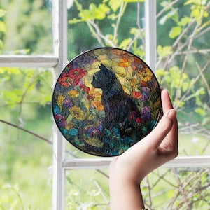 Black Cat Glass Window Suncatcher – Mystical Feline Glass Sun Catcher, Unique Cat Lover Window Art for Home, Gothic, or Halloween, 7.9 in