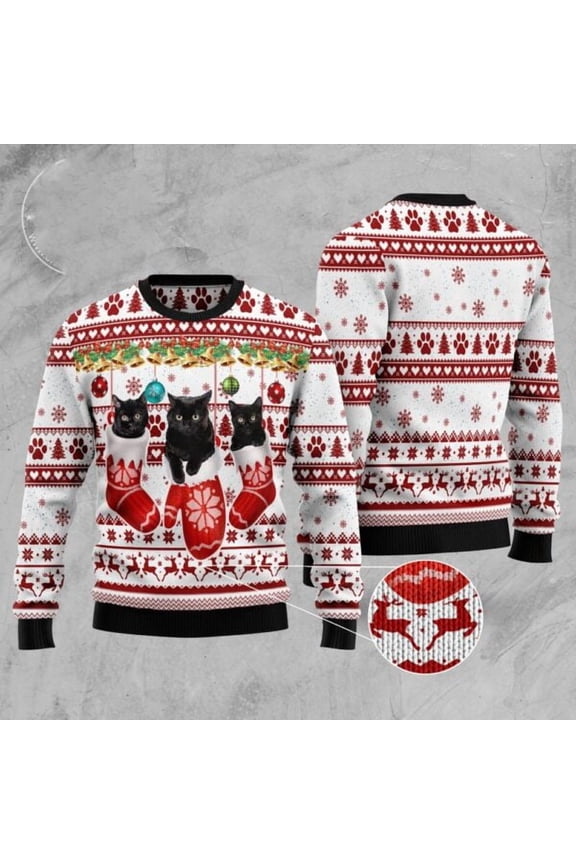 Black Cat Gloves Ugly Christmas Sweater, Christmas Cat Ugly Sweater, Ugly Cat Xmas Sweater