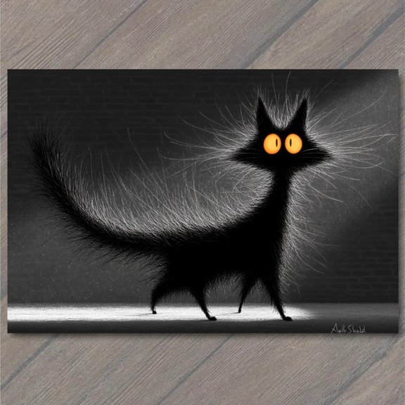 Black Cat Glowing Eyes Spooky Alley Halloween Night Shadow Wall Art Print, Seasonal Living Room And Home Decor