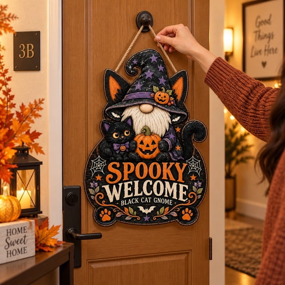 Black Cat Gnome Wooden Door Sign for Halloween Welcome Decor