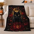 thumbnail image 1 of Black Cat Golden Moon Portrait with Crimson Peonies, Dark Leaves and Amber Eyes, Cozy Flannel Blanket, Home Decor for Cat Lovers, Bedroom and Living Room, Halloween Gift, Gothic Floral Art, 1 of 9