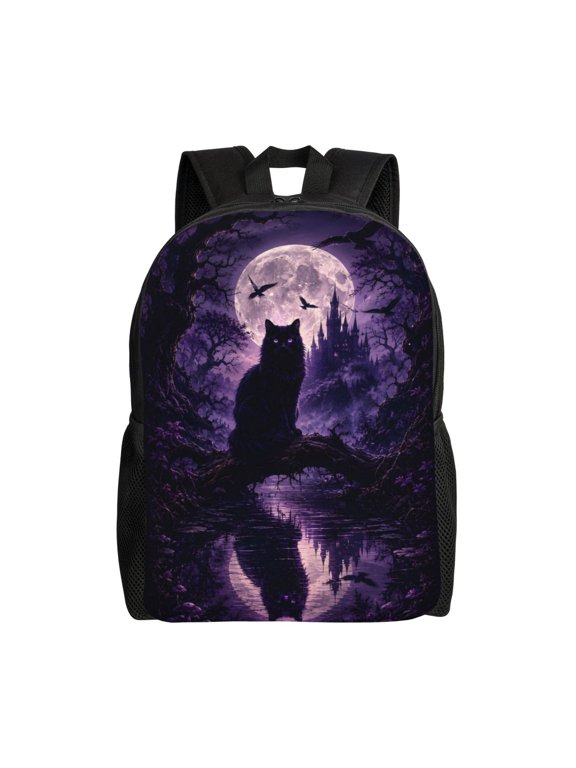 Black Cat Gothic Moon Backpack Full Front Print Travel Laptop Bag for Men and Women