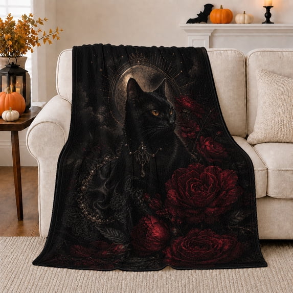 Black Cat Gothic Rose Portrait with Lunar Halo, Pearl Chain and Deep Red Florals, Cozy Flannel Blanket, Home Decor for Cat Lovers, Bedroom and Living Room, Halloween Gift, Dark Romantic Art