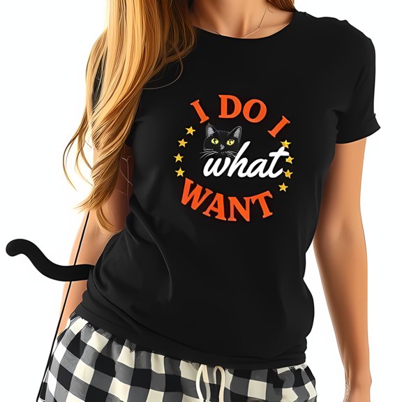Black Cat Graphic Tee - " I DO I What WANT " with Orange Stars - Fun Cotton Short Sleeve T-Shirt for Cat Lovers