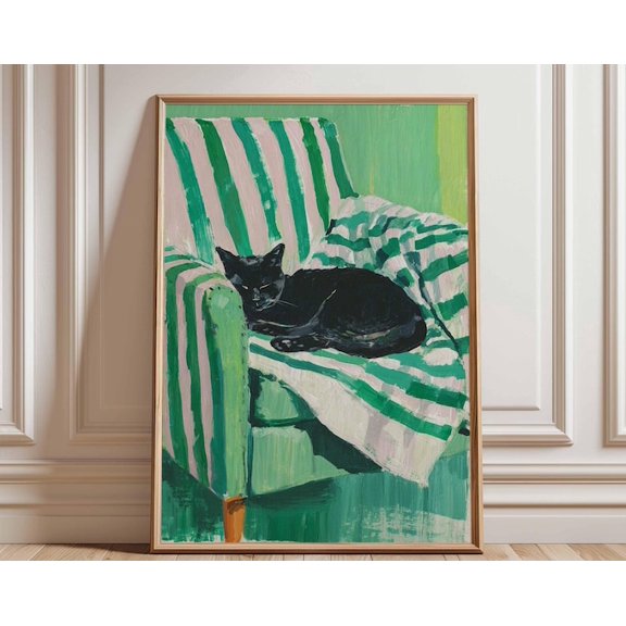 Black Cat Green Armchair Striped Couch Wall Art Print, Unframed Paper Poster 8x10in