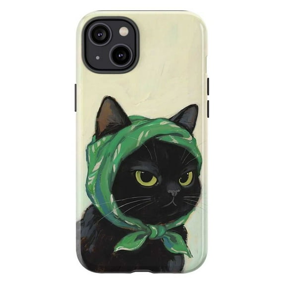 Black Cat with Green Scarf Phone Case, Moody Cat Portrait Art iPhone Cover, Unique Whimsical Protective Case for iPhone 16 15 14 13 12 11 Pro Plus Mini