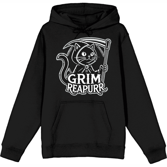 Black Cat Grim Reapurr Adult Black Long Sleeve Hoodie-Medium
