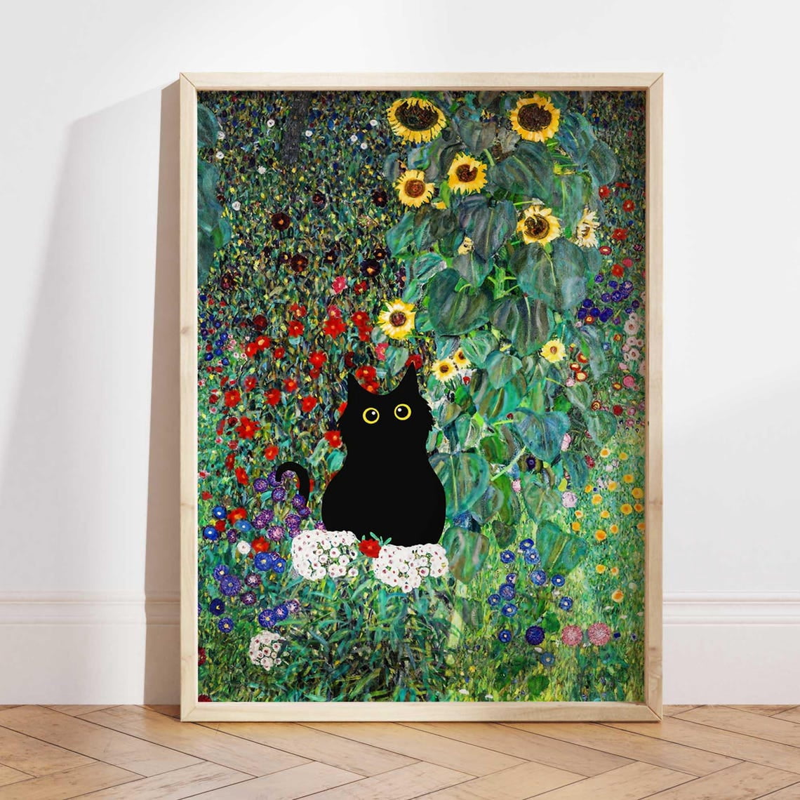 Black Cat Gustav Klimt Garden Floral Wall Picture, Unframed Paper ...